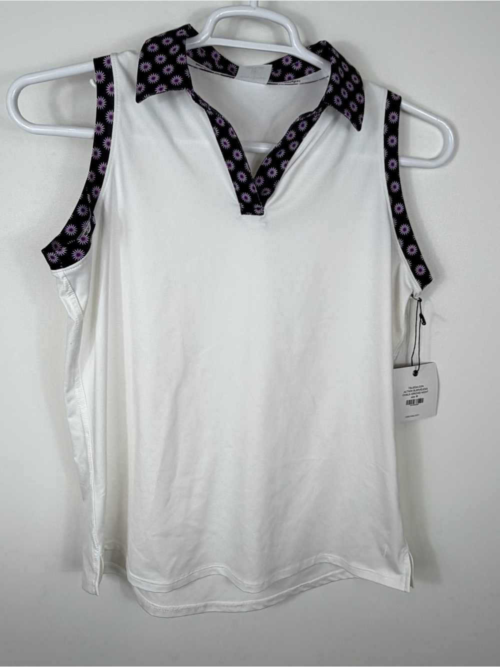 Belyn Key White Sleeveless Polo Top with Orchid Night Black Purple Trim